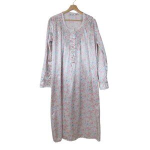 Vintage SANTE Women's Pink Rose Floral Satin Smocked Long Nightgown M